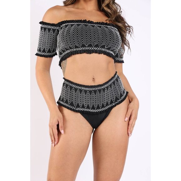 Boutique Other - Women Embroidered Smocking Cold Shoulder RuffleBandeau Bikini Swimwear Beachwear